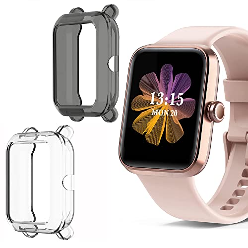 Compatible for Tensky Smartwatch Case Silicone TPU Protective Case Cover Slim Guard Bumper Compatible with Tensky TK01 Smartwatch 1.5 inch/Tensky ID207 mini Smart Watch 1.5" (Black+Clear)