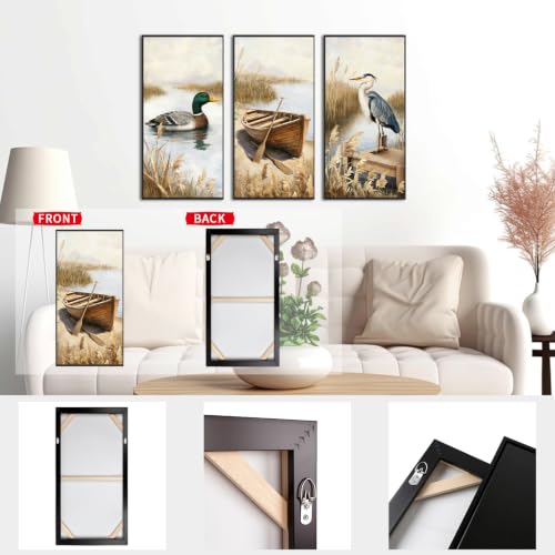 sechars Lake Scene Wall Art Mallard Duck, Heron and Rowboat Picture Framed Canvas Set of 3 Vintage Farmhouse Cabin Lake House Living Room Decor Each Piece12 x24 by sechars - Used condition - Image 3