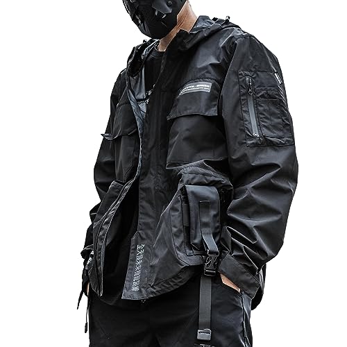 XYXIONGMAO Streetwear Jaqueta preta com capuz Techwear corta