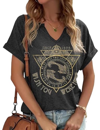 Qbily Vintage Rock Band T Shirt for Women Fashion Musical Tees Casual Sexy Notched V-Neck T Shirts Country Music Short Sleeve Tees (7A0-Dark Grey-B,L)