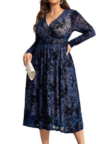 Plus Size Wedding Guest Dress Cocktail Long Sleeve Maxi Dress Navy Blue 2XL