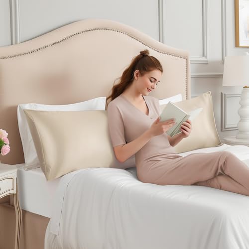 Image of INFIIXSO Body Pillow Cover with Zipper, Luxury Mulberry Silk Long Body Pillow Case 20x54 Inches, Ultra Smooth and Soft Cooling Body Pillow Pillowcase, Gift for Women, Men(Beige)