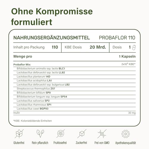 Nupure® Probaflor mit 345 Mrd KBE/g*, 110 Kapseln mit 11 Spezielle Bakterienstämme, Mit Inulin und Lactobacillus salivarius SP2, Besser geschützt dank Spezialdose, Vegan