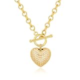 Aobei Pearl 18K Gold 3D Puffy Micro-paved Cubic Zirconia Love Heart Pendant Necklace for Women with OT Toggle Front Closure Hanging on Chunky Waterdrop Shape Chain 20'