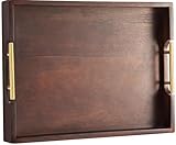 Joy&Grace Acacia Wooden Serving Tray with Metal Handles 16.7 x 12.8 inch Decorative Ottoman Tray for Living Room Coffee Table (Color Dark Brown)