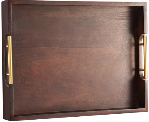 Joy&Grace Acacia Wooden Serving Tray with Metal Handles 16.8 x 12.8 inch Ottoman Tray for Living Room Coffee Table Large Wood Decorative Tray Color Brown