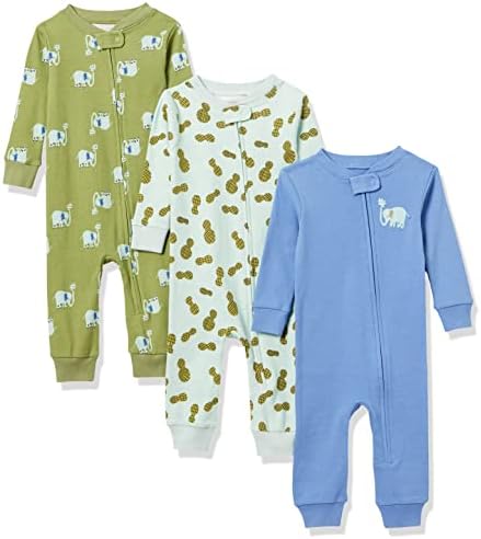 Amazon Essentials Unisex Babies' Snug-Fit Cotton Footless Sleeper Pajamas, Pack of 3, Elephants, 12 Months