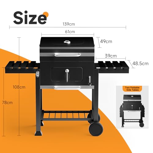 DKIEI BBQ Grill, Outdoor XXL Portable Charcoal Barbecue Grill, Wheels & 2 Folding Table, Thermometer & Adjustable Charcoal Pan, Large Coal Barbeque Grill Smoker for Parties, Patio, Garden Home Cooking 4 DKIEI BBQ Grill, Outdoor XXL Portable Charcoal Barbecue Grill, Wheels & 2 Folding Table, Thermometer & Adjustable Charcoal Pan, Large Coal Barbeque Grill Smoker for Parties, Patio, Garden Home Cooking - Image 4