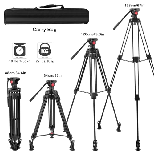 Nietoto Professional Heavy Duty Video Camera Tripod with Fluid Head, QR Plate for DSLR Camcorder, Max Loading 33lbs, Aluminum Twin Tube Leg with Metal Mid-Level Spreader and Carry Bag