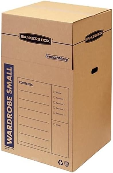 ‎Bankers Box Paquete de 3 cajas cortas para mudanza para guardarropas, 20" x 20" x 40" | Mueva la ropa colgada del armario al camión con cajas para guardarropas que reducen el plegado, las arrugas y el tener que volver a empacar.