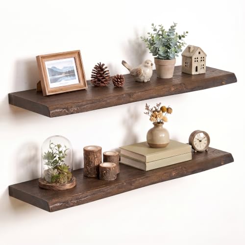 32 inch Floating Shelves for Wall, Elm Wood Live Edge, Dark Walnut, 2-Pack