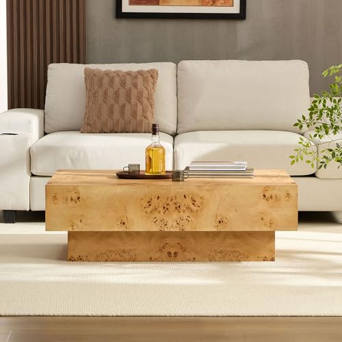 43.31" Burl Wood Veneer Coffee Table,Rectangle Mid-Century Modern Table for Living Room,Coffee Table with Sturdy MDF Pedestal for Office,Apartment