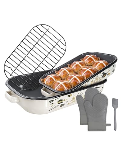 MCCSI Roasting Pan with Rack & Handle 6-Piece Enamel Lasagna Baking Dish 14&17 Inch, 572°F High Temperature Resistance Dishwasher Safe Non-Stick Easy-To-Clean Steak Roaster Pan for Oven Gift Bakeware