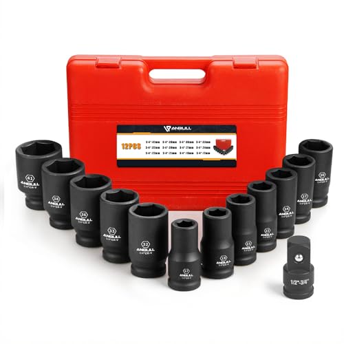 Anbull 3/4 Inch Drive Deep Impact Socket Set, 13 Piece Metric Combination, Sizes 17mm 19mm 21mm 22mm 24mm 27mm 30mm 32mm 33mm 36mm 38mm 41mm Hex Socket Set, 6 Point Design, Cr-V Chrome Vanadium Steel