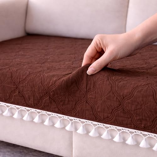 Image of Cortina Velvet Sofa Cover with Tassels | Sofa Couch Protector | Machine Washable Sofa Topper (Marron, 2 Seater)