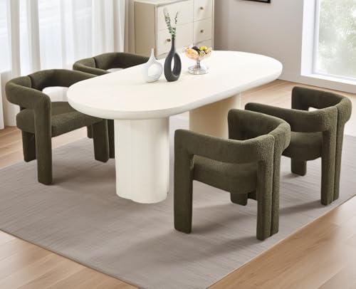 CIMOTA Modern Barrel Dining Chairs Set of 4, Boucle Fabric Upholstered Accent Chairs with Arms/Wood Legs/Open Back, Designer Kitchen Chairs for Living/Reception/Dining Room, Sherpa Olive Green