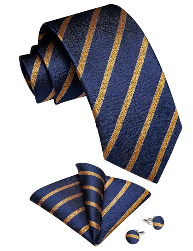 Image of DiBanGu Striped Tie Set for Men Silk Woven Plaid Necktie and Pocket Square Cufflinks Business Wedding