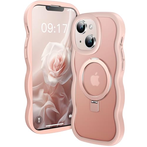 Pmteyoim [Magnetic Stand Case for iPhone 13/14 - for Women] Fit for MagSafe Phone Case with Ring Holder Translucent Silicone Shockproof Protective Wave Cover for iPhone 13/14 6.1 inch Pink