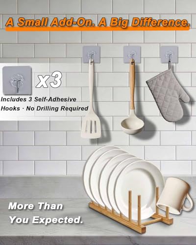 Image of Bamboo Dish Rack, Stylish Vertical Wooden Plate Holder & Drainer, Multi-Purpose Kitchen Cabinet Organizer for Dishes, Pots, Lids, Bowls, Cups & Cutting Boards（6-Slot Design）