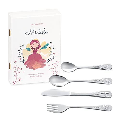 Maverton Set de couverts personnalisé dans boîte en bois imprimée - Thème Animal - Cadeau d'anniversaire personnalisé - Pour filles - Cadeaux bébé -...