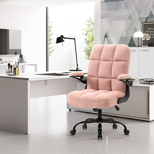 Seatzone Pink Home Office Desk Chairs With Flip-Up Armrest, Faux Fur, Fuzzy Computer Rolling Chair With Wheels, Adjustable Backward Tilt #TOP7