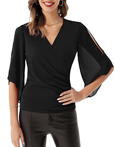 Women Black Chiffon Half Sleeve Blouse Shirt Tops V Neck Wrap Slim Fit Basic Fall Winter Trendy Casual Party Tops Xl #TOP14