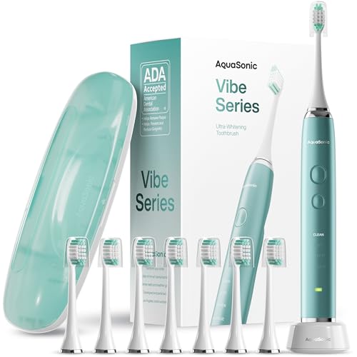 Aquasonic Vibe Series Ultra-Whitening Toothbrush – ADA Accepted Power Toothbrush - 8 Brush Heads & Travel Case – 40,000 VPM Motor & Wireless Charging - 4 Modes w Smart Timer – Mint Green Metallic