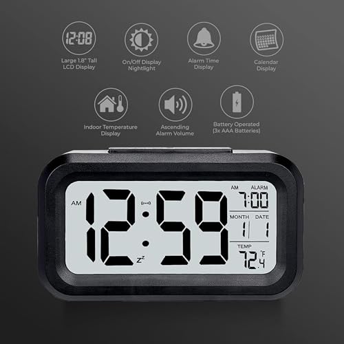 Image of Casa Copenhagen Digital Alarm Clock Table Clock for Students, Home, Office, Corporate with Automatic Sensor, Date & Temperature - Black