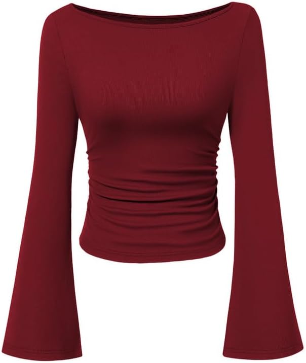 Langarmshirt Damen Elegant Bootsausschnitt Strickoberteile mit Glockenärmeln Eng Y2K Top Basic Casual Pullover Slim Fit Longsleeve T Shirt Einfarbig Langarm Unterziehshirts Herbst Oberteile