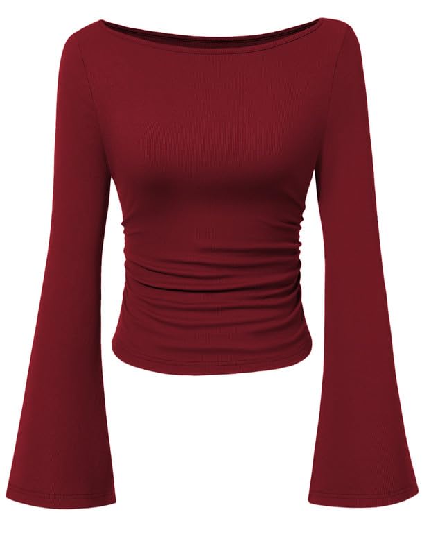 Sukiglam Camiseta Mujer Manga Larga Elegante Cuello Barco Top Ajustado de Punto Canalé Básico Elástico Camisetas Mangas Campana Casual Suave Blusa Cómoda Sexy T-Shirt para Otoño/Invierno