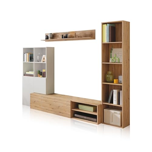 duehome | Conjunto de Salon, Mueble de TV, Modulos de Comedor, Modelo Iris, Acabado en Blanco Artik y Roble Nodi, Medidas: 241 cm (Largo) x 41,5 cm (Fondo) x 180 cm (Alto)