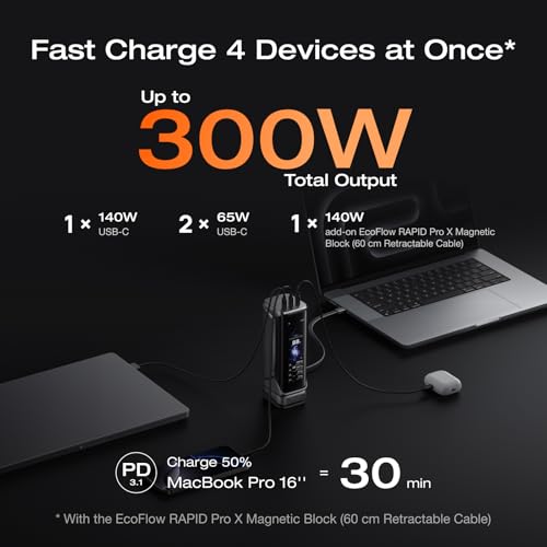 Image of EF ECOFLOW Rapid Pro X Power Bank, 27650mAh 4-Part with 300W Output, Portable Charger with 140W Built-in Cable, for MacBook, iPhone, Laptops, and More