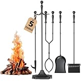 AMAGABELI Garden & Home 5 Pcs Fireplace Tools Set 31 Inch Indoor Black Handle Wrought Iron Large Fire Tool Accessories Set Holder Outdoor Fireset Modern Fire Pit Stand with Poker Brush Shovel Tong