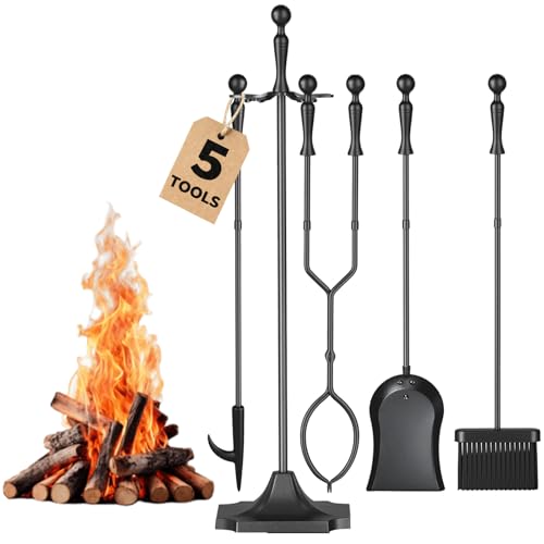 Amagabeli 26.5(67.3cm) 5 Pcs Fireplace Tools Sets Black Handle Wrought Iron Large Fire Tool Set and Holder Outdoor Fireset Fire Pit Stand Indoor Rustic Tongs Shovel Antique Brush Chimney Poker Wood Accessories Kit