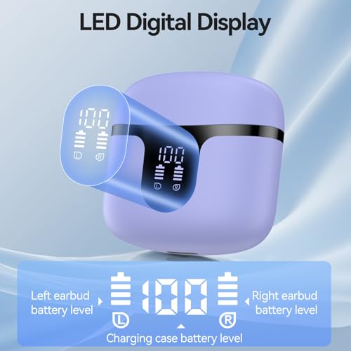 Image of Wireless Earbuds, Bluetooth 5.4 Headphones HiFi Stereo with 4 HD Mic, 50H Playtime Bluetooth Earbuds with Dual LED Display, IPX7 Waterproof Wireless Earphones, Touch Control Ear Buds,USB-C, Purple