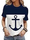 Heloto Womens Anchor Print Tee shirt - Casual Short Sleeve Crew Neck Top (Anchor,L), Large