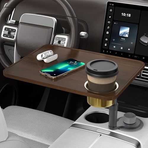 Car Desk Car Tray for Laptop & Food Wooden Cup Holder Table with Adjustable Height Car Accessories for Women & Men 360 Rotatable Steering Wheel Tray for Tesla Model Y/3/S Ford F150 & Most Vehicles