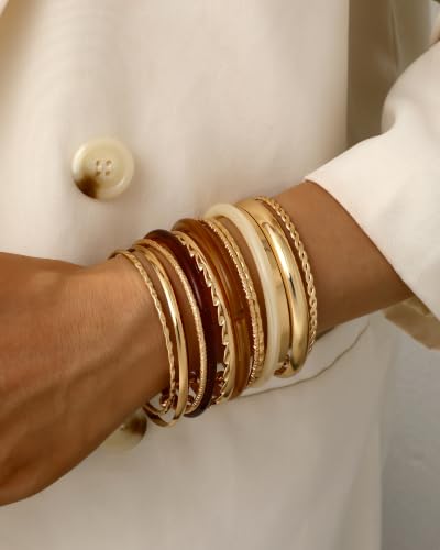 Image of IF ME Gold Bangle Bracelets for Women, Indian Bangles Stackable Set, Multi Layer Textured 18K Gold Plated Chunky Bracelets Boho Jewelrys Set