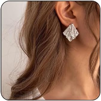 Chunky Gold Stud Earrings for Women Unique Irregular Rhombus Earrings Vintage Geometric Textured Statement Earrings Lightweight Hypoallergenic Birthday Party Wedding Jewelry