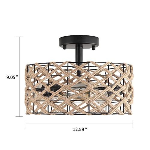Hchunqjor 3-Light Rustic Woven Flush Mount Light Fixture Industrial Handmade Hemp Rope Cage Semi Flush Mount Ceiling Light For Hallway Bedroom Kitchen Entryway Farmhouse Living Room, Black #TOP3