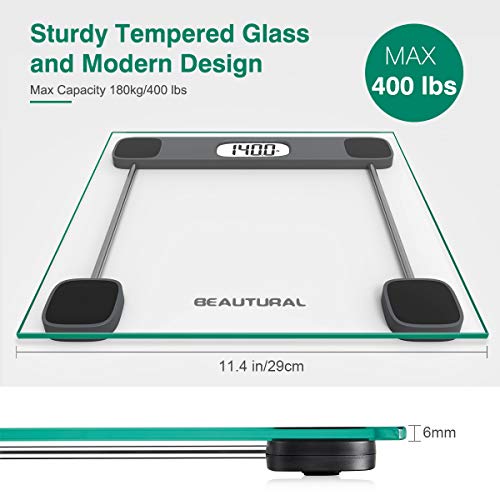 BEAUTURAL Digital Body Weight Bathroom Scale Precision Weighing Scale with Step-On Technology, Large Display, Batteries and Tape Measure Included,400lb