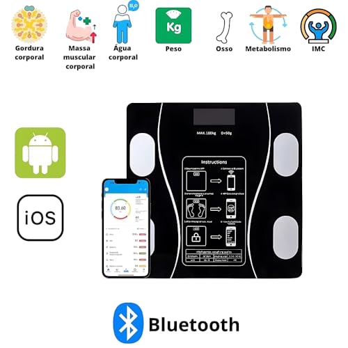 Balança Bioimpedância Digital Premium Com APP Inteligente - Vidro Preto (Contém Pilha) Glass Black C