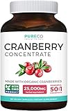 Organic Cranberry Pills - 50:1 Concentrate Equals 25,000mg of Fresh Cranberries (Vegan) for Kidney Cleanse & Urinary Tract Health - UTI Vitamins Support - Fruit Extract Supplement - 60 Capsules