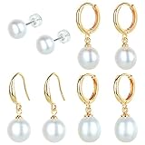 Pearl Earrings14K Gold Plated Freshwater Pearl Earring 4 Pairs Pearl Drop Earrings for Women Girls