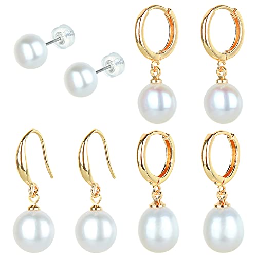 Pearl Earrings14K Gold Plated Freshwater Pearl Earring 4 Pairs Pearl Drop Earrings For Women Girls #TOP4