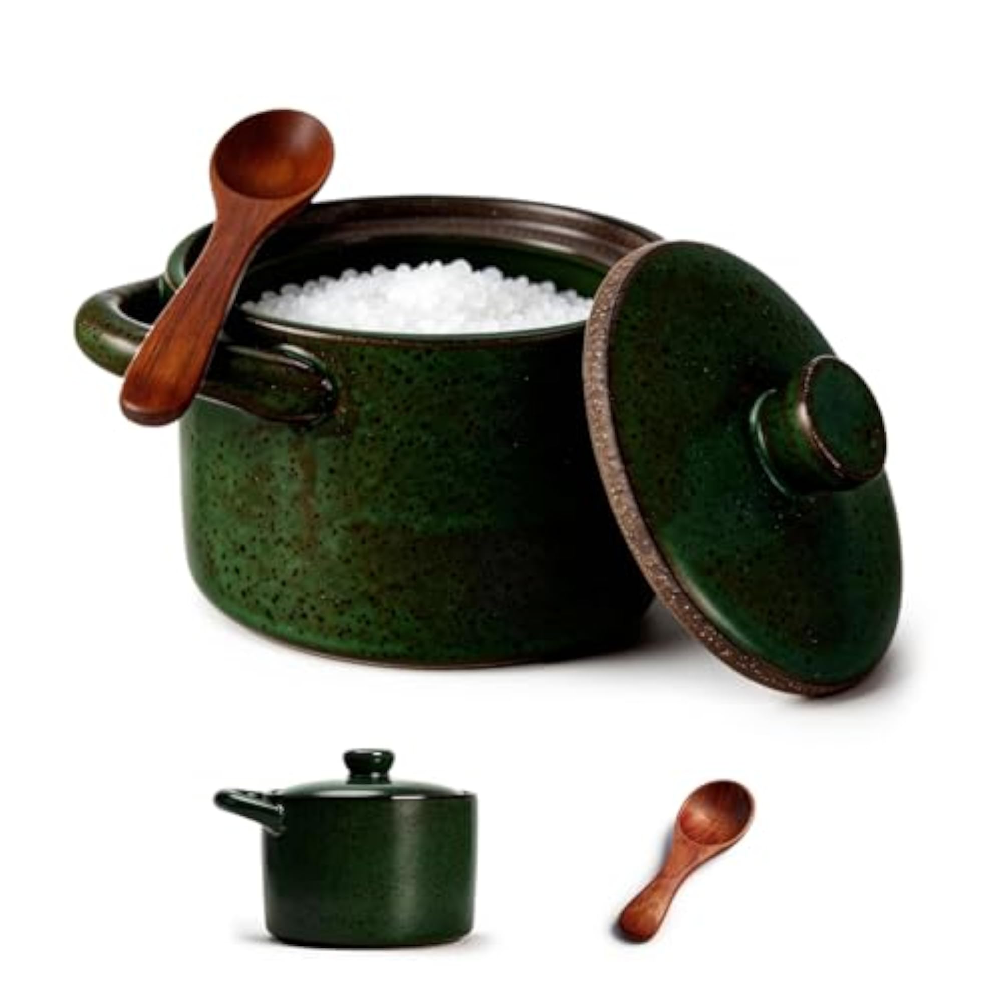 Rustic Ceramic Salt Cellar with Wooden Spoon