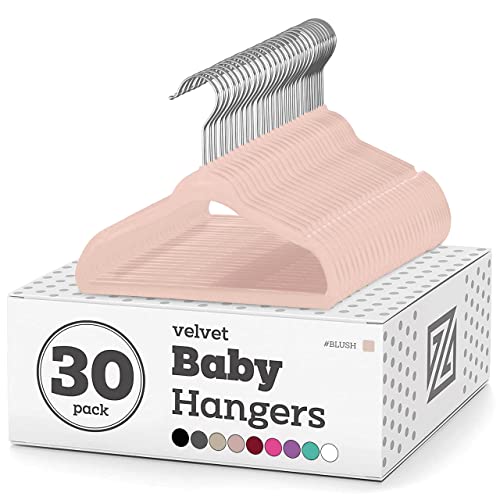 Zober Velvet Baby Hangers for Closet - Pack of 30 Non Slip Toddler Hangers for Shirts Pants & Dresses w/Swivel Hook - Durable Infant Hangers w/Notches - Small Kids Hangers (Blush)