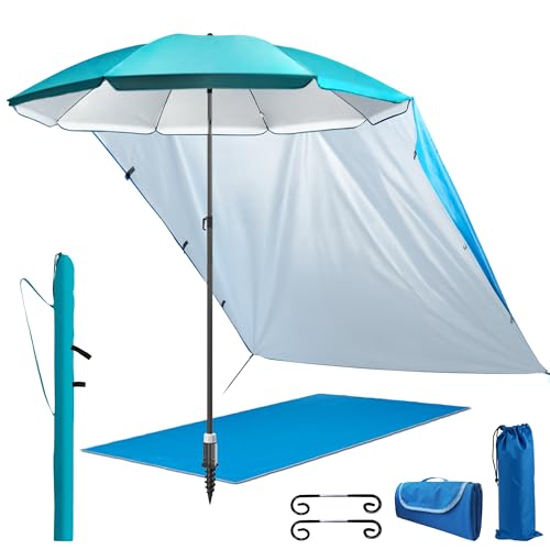 4smile Sonnenschirm Strand 5er-Set Türkis – UV50+-Schutz, Ø 200 cm, mit großer Stranddecke (1,5 x 2 m), praktischem Sonnensegel Strand, Schirmständer Erdspieß & robuster Schirmhülle
