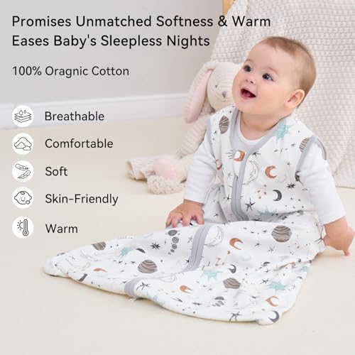 Image of Baby Sleep Sack 12-18 Months 3 Pack 100% Cotton Lightweight 0.5 TOG Wearable Blanket Baby Sleep Bag with 2-Way Zipper for Newborn Infant White Gray Blue Space