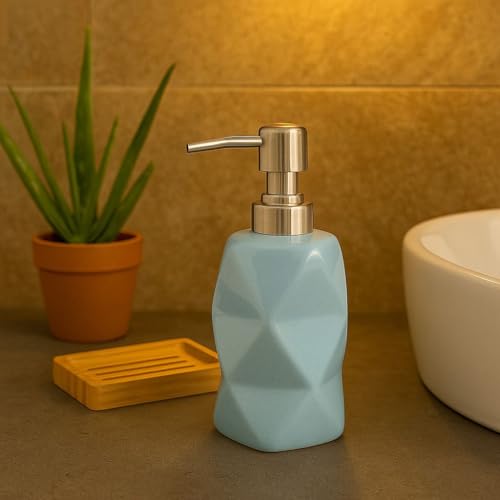 Image of Ceramic Soap Dispenser 330ml (Set of 1) | Blue Diamond Design | Multipurpose Lotion, Hand Wash & Liquid Soap Pump Bottle | Refillable Bathroom & Kitchen Accessory | Blue